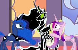 Size: 3566x2278 | Tagged: safe, artist:porygon2z, princess cadance, princess celestia, princess luna, alicorn, pony, g4, alien x, ben 10, crown, female, green eyes, high res, hoof shoes, jewelry, open mouth, raised hoof, regalia, teeth, throne room, trio, trio female