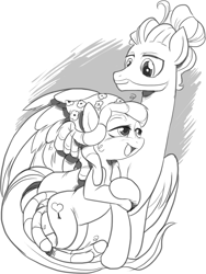 Size: 1094x1455 | Tagged: safe, artist:nauyaco, tree hugger, zephyr breeze, earth pony, pegasus, pony, g4, black and white, female, grayscale, lineart, male, monochrome, shipping, simple background, straight, white background, zephyrhugger