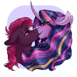 Size: 1280x1280 | Tagged: safe, artist:periwinklechick, tempest shadow, twilight sparkle, alicorn, pony, unicorn, g4, broken horn, bust, female, horn, kissing, lesbian, mare, ship:tempestlight, shipping, twilight sparkle (alicorn)