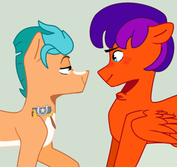 Size: 1392x1308 | Tagged: safe, artist:cerealmiilk, hitch trailblazer, oc, oc:jade harmony, oc:jaden the pegasus, earth pony, pegasus, pony, g5, base used, bedroom eyes, canon x oc, chest fluff, flustered, gay, gray background, looking at each other, male, markings, shipping, simple background