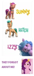 Size: 759x1682 | Tagged: safe, hitch trailblazer, izzy moonbow, pipp petals, sunny starscout, earth pony, pegasus, pony, unicorn, g5, my little pony: a new generation, female, frown, happy, inverted mouth, male, mare, red eyes, sad, sad pony, stallion, they forgot about me