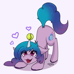 Size: 2500x2500 | Tagged: safe, artist:zackwhitefang, izzy moonbow, pony, unicorn, g5, backwards cutie mark, ball, behaving like a dog, face down ass up, female, floppy ears, heart, high res, horn, horn guard, horn impalement, hornball, izzy's tennis ball, izzybetes, mare, open mouth, play bow, signature, simple background, solo, tennis ball, that pony sure does love tennis balls, tongue out, white background