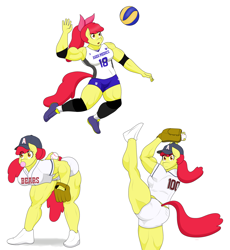 Size: 2904x3160 | Tagged: safe, artist:matchstickman, apple bloom, earth pony, anthro, plantigrade anthro, g4, apple brawn, baseball, clothes, female, high res, implied tail hole, mare, muscles, muscular female, shorts, simple background, solo, sports, volleyball, white background