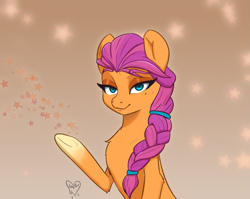 Size: 1593x1271 | Tagged: safe, artist:inkypuso, sunny starscout, earth pony, pony, g5, braid, elsa, female, frozen (movie), looking at you, mare, solo, stars, sunnybetes