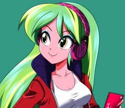 Size: 2191x1898 | Tagged: safe, artist:danmakuman, lemon zest, human, equestria girls, g4, breasts, bust, cellphone, close-up, clothes, female, green background, headphones, jacket, phone, portrait, shirt, simple background, smiling, solo