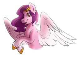 Size: 1250x908 | Tagged: safe, artist:cosmalumi, pipp petals, pegasus, pony, g5, adorapipp, bust, cute, female, looking at you, mare, open mouth, red eyes, red-eyed pipp, simple background, smiling, smiling at you, solo, spread wings, white background, wings