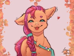 Size: 2000x1500 | Tagged: safe, artist:jaynsparkle, sunny starscout, earth pony, pony, g5, :p, beanbrows, chest fluff, eyebrows, female, floppy ears, heart, looking at you, shoulder bag, smiling, smiling at you, solo, tongue out