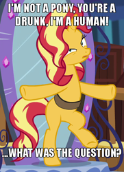 Size: 452x626 | Tagged: safe, edit, screencap, sunset shimmer, pony, unicorn, equestria girls, equestria girls specials, g4, my little pony equestria girls: better together, my little pony equestria girls: forgotten friendship, bag, bipedal, caption, cropped, drunk, drunker shimmer, faic, female, go home you're drunk, image macro, losing balance, majestic as fuck, saddle bag, shrunken pupils, solo, text, twilight's castle