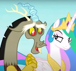 Size: 606x572 | Tagged: safe, screencap, discord, princess celestia, alicorn, draconequus, pony, g4, the ending of the end, amused, celestia is amused, cropped, cute, discute, duo, fangs, female, male, open mouth, puppy dog eyes