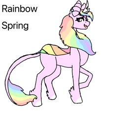 Size: 1737x1737 | Tagged: source needed, safe, artist:rainbow spring, oc, oc only, unnamed oc, kirin, big ears, kirin oc, pastel, pink fur, rainbow, simple background, text, white background