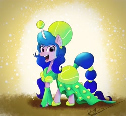 Size: 3250x3007 | Tagged: safe, artist:brogararts, izzy moonbow, pony, unicorn, g5, ball, ballgown, clothes, dress, ear piercing, fashion, female, flanderization, high res, horn, horn guard, horn impalement, hornball, izzy's tennis ball, looking at you, majestic as fuck, open mouth, piercing, pun, signature, solo, tennis ball, that pony sure does love tennis balls, visual pun