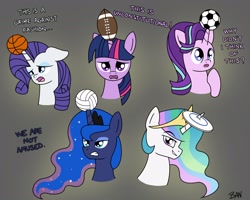 Size: 2500x2004 | Tagged: safe, artist:banquo0, princess celestia, princess luna, rarity, starlight glimmer, twilight sparkle, alicorn, pony, unicorn, g4, g5, american football, ball, basketball, bust, female, football, frisbee, gray background, high res, horn, horn guard, horn impalement, hornball, luna is not amused, mare, simple background, sports, text, unamused, volleyball