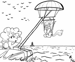 Size: 900x745 | Tagged: safe, artist:mayorlight, fluttershy, pinkie pie, earth pony, pegasus, pony, g4, boat, female, gritted teeth, ink drawing, mare, monochrome, ocean, parasailing, scared, this will not end well, traditional art