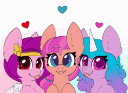 Size: 1160x845 | Tagged: safe, artist:pegamutt, izzy moonbow, pipp petals, sunny starscout, earth pony, pegasus, pony, unicorn, g5, :p, adorapipp, animated, chest fluff, colored pupils, cute, female, heart, izzybetes, looking at you, mare, multicolored hair, red eyes, red-eyed pipp, sunnybetes, tongue out