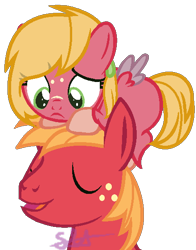 Size: 440x561 | Tagged: safe, artist:cloefo05, big macintosh, oc, earth pony, pegasus, pony, g4, base used, duo, father and child, father and daughter, female, male, offspring, parent:big macintosh, parent:derpy hooves, parents:derpymac, ponies riding ponies, pony hat, riding, simple background, white background