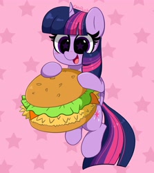 Size: 3652x4096 | Tagged: safe, artist:kittyrosie, twilight sparkle, alicorn, pony, g4, blushing, burger, cute, food, hamburger, open mouth, solo, starry eyes, that pony sure does love burgers, twiabetes, twilight burgkle, twilight sparkle (alicorn), wingding eyes