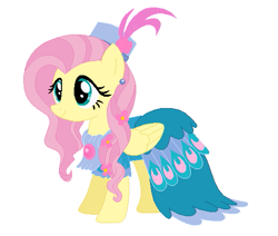Size: 533x452 | Tagged: safe, artist:glittertiara, artist:selenaede, fluttershy, pegasus, pony, g4, alternate hairstyle, base used, blue dress, clothes, cute, dress, ear piercing, earring, flower, flower in hair, hat, jewelry, piercing, shyabetes, simple background, solo, white background