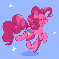 Size: 2048x2048 | Tagged: safe, artist:rubyg242, pinkie pie, earth pony, pony, g4, blue background, cute, diapinkes, eyes closed, female, high res, mare, ponk, profile, simple background, smiling, solo, tongue out, walking