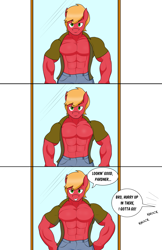 Size: 1536x2374 | Tagged: safe, artist:matchstickman, big macintosh, earth pony, anthro, g4, abs, admiration, biceps, clothes, comic, commission, dialogue, flexing, great macintosh, male, mirror, muscles, muscular male, offscreen character, pec flex, pecs, reflection, shirt, simple background, solo, speech bubble, stallion, unbuttoned, white background