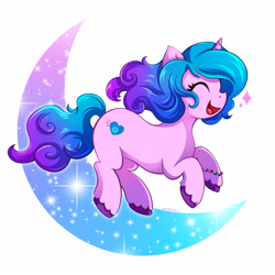 Size: 3600x3600 | Tagged: safe, artist:autumn rush, izzy moonbow, pony, unicorn, g5, abstract background, backwards cutie mark, cute, eyes closed, female, high res, izzybetes, mare, open mouth, profile, solo, sparkles, unshorn fetlocks