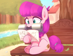 Size: 3600x2761 | Tagged: safe, artist:maren, lily longsocks, earth pony, pony, g4, adorasocks, barbell, bench, cute, earth pony strength, female, filly, high res, lilydorable, manual, mouth hold, reading, river, sitting, solo, strength, strong, super strength, tree, weight, weights