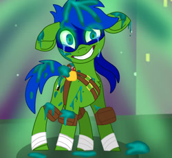 Size: 1280x1176 | Tagged: safe, artist:lynesssan, artist:small-brooke1998, earth pony, pony, base used, crossover, crying, forced smile, grin, leonardo, mutation, ooze, ponified, smiling, story included, teenage mutant ninja turtles