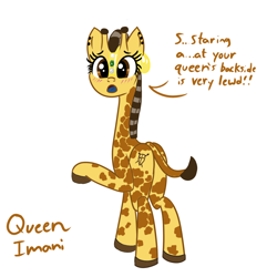 Size: 1200x1200 | Tagged: safe, artist:dafiltafish, oc, oc only, oc:queen imani, giraffe, blushing, butt, female, lewd, plot, simple background, solo, talking to viewer, white background