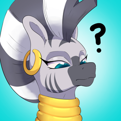 Size: 2200x2200 | Tagged: safe, artist:aquaticvibes, zecora, pony, zebra, g4, bust, ear piercing, earring, female, gradient background, high res, jewelry, lidded eyes, looking down, mare, neck rings, piercing, portrait, question mark, solo