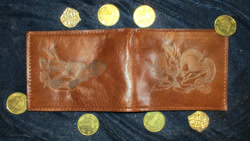 Size: 1024x577 | Tagged: safe, artist:malte279, part of a set, princess celestia, griffon, g4, coin, craft, fantasy class, leather, pyrography, traditional art, wallet, warrior