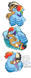 Size: 1200x3000 | Tagged: safe, artist:loryska, quibble pants, rainbow dash, pony, g4, cuddling, ear fluff, female, hug, implied oc, licking, male, pregnant, scar, ship:quibbledash, shipping, simple background, sleeping, straight, tongue out, white background, winghug, wings