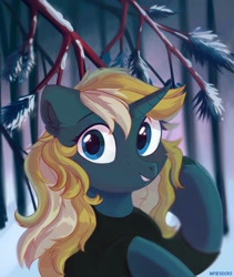 Size: 1900x2250 | Tagged: safe, artist:raily, oc, oc only, oc:maple parapet, pony, unicorn, bust, clothes, drifts, female, looking at you, loose hair, mare, portrait, snow, solo, spruce tree, sweater, tree, turtleneck, winter, wood