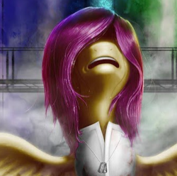Size: 339x336 | Tagged: safe, artist:abluskittle, scootaloo, oc, oc only, oc:absentia, pegasus, pony, fanfic:pegasus device, fanfic:rainbow factory, cropped, crying, factory uniform, looking up, not fluttershy, older, older scootaloo, white suit