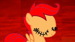 Size: 960x540 | Tagged: safe, artist:angrymetal, scootaloo, pegasus, pony, g4, .exe, 1000 hours in ms paint, creepypasta, female, filly, recolor, red background, sally.exe, simple background, smiling, stitched eyes, stitches