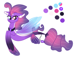 Size: 1280x996 | Tagged: safe, artist:fallsplash, oc, oc only, seapony (g4), chains, colored pupils, colored wings, dorsal fin, eyelashes, female, fin wings, fins, fish tail, flowing tail, jewelry, necklace, open mouth, simple background, solo, tail, transparent background, wings