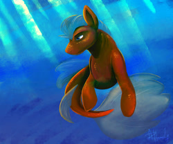 Size: 1280x1067 | Tagged: safe, artist:scruffasus, oc, oc only, seapony (g4), blue background, blue eyes, brush, crepuscular rays, dorsal fin, fin wings, fish tail, ocean, patreon, patreon reward, pencil drawing, signature, simple background, solo, sunlight, swimming, tail, traditional art, underwater, water, wings