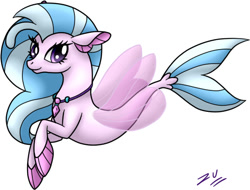 Size: 571x433 | Tagged: safe, artist:natura-aranza, silverstream, seapony (g4), g4, blue mane, blue tail, female, fin wings, fins, fish tail, flowing mane, flowing tail, jewelry, looking at you, necklace, purple eyes, seapony silverstream, signature, simple background, smiling, solo, speedpaint, tail, white background, wings