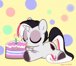 Size: 1280x1114 | Tagged: safe, artist:rrd-artist, oc, oc only, pony, unicorn, animated, birthday, birthday cake, cake, female, food, mlem, no sound, silly, solo, tongue out, underhoof, webm
