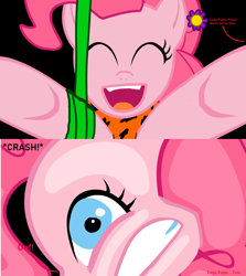 Size: 1278x1430 | Tagged: safe, artist:pagiepoppie12345, pinkie pie, g4, crash, eyes closed, flower, flower in hair, fourth wall, george of the jungle, gritted teeth, implied zalgo pagie, jungle, jungle girl, jungle pony, leopard print, looking at you, ouch, reference used, smiling, sound effects, swinging, tarzan, vine