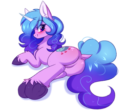 Size: 2672x2340 | Tagged: safe, artist:pesty_skillengton, izzy moonbow, pony, unicorn, g5, blushing, butt, chest fluff, cute, dock, ear fluff, featureless crotch, female, frog (hoof), heart, heart eyes, high res, horn, izzy moonbutt, izzybetes, looking at you, looking back, looking back at you, mare, plot, simple background, smiling, solo, underhoof, unshorn fetlocks, white background, wingding eyes