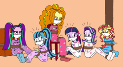 Size: 2297x1255 | Tagged: safe, artist:bugssonicx, adagio dazzle, aria blaze, sonata dusk, starlight glimmer, sunset shimmer, twilight sparkle, human, equestria girls, g4, ariasub, bondage, bound and gagged, cloth gag, clothes, female, femsub, footed sleeper, footie pajamas, gag, help us, nightgown, onesie, over the nose gag, pajamas, pole tied, rope, rope bondage, socks, sonatasub, stocking feet, subdagio, sublight glimmer, submissive, subset, the dazzlings, themed sleepwear, tied to chair, tied up, twisub
