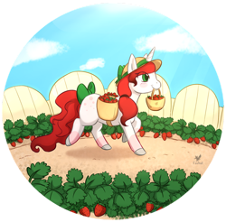 Size: 1024x1008 | Tagged: safe, artist:foxhatart, oc, oc only, oc:strawberry jam, pony, unicorn, basket, bow, female, food, hat, mare, mouth hold, solo, strawberry, tail bow