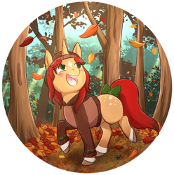 Size: 1024x1033 | Tagged: safe, artist:foxhatart, oc, oc only, oc:toffee apple, pony, unicorn, autumn, bow, clothes, female, leaf, leaves, mare, solo, sweater, tail bow, tree