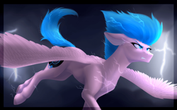 Size: 700x436 | Tagged: safe, artist:pheshka, oc, oc only, oc:electric television, pegasus, pony, angry, electricity, flying, realistic horse legs, solo, spread wings, storm, wings