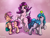 Size: 3025x2307 | Tagged: safe, artist:rainihorn, izzy moonbow, pipp petals, sunny starscout, earth pony, pegasus, pony, unicorn, g5, bag, ball, bipedal, bubble, chest fluff, diadem, female, high res, hooves, hooves up, horn, hornball, izzy's tennis ball, jewelry, looking at you, mare, one eye closed, open mouth, pose, posing for photo, purse, raised hoof, raised leg, rearing, red eyes, red-eyed pipp, saddle bag, sunny's bag, tennis ball, tiara, unshorn fetlocks, wings, wink, winking at you