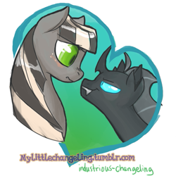 Size: 563x563 | Tagged: safe, artist:dinkelion, oc, oc only, oc:doppel, oc:gloomy (ic), changeling, earth pony, pony, blushing, duo, heart