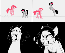 Size: 1064x866 | Tagged: safe, artist:owlnon, pinkie pie, oc, oc:miss eri, earth pony, pony, g4, angry, biting, blood, comic, cute, diapinkes, edgy, eyes closed, fangs, female, floppy ears, frown, glare, glowing eyes, gritted teeth, heart, jumping, mare, mouth hold, open mouth, pronking, sharp teeth, simple background, smiling, teeth, white background