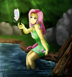 Size: 1280x1372 | Tagged: safe, artist:pettaletta101, fluttershy, butterfly, equestria girls, g4, clothes, female, floral necklace, grass, sitting, tree, water