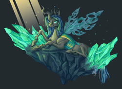 Size: 1024x749 | Tagged: safe, artist:just-rat, queen chrysalis, changeling, changeling queen, g4, crown, crystal, female, jewelry, looking at you, regalia, simple background, smiling, solo, transparent wings, wings