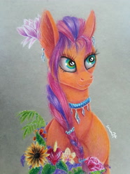 Size: 2988x4013 | Tagged: safe, artist:cahandariella, sunny starscout, earth pony, pony, g5, colored pencil drawing, flower, flower in hair, jewelry, magnolia, solo, traditional art