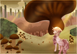 Size: 2814x1988 | Tagged: safe, artist:naezithania, oc, oc only, oc:toadstool, mushroom pony, original species, pony, unicorn, digital art, female, forest background, full body, horn, lined, mare, mushroom, scenery, shaded background, solo, unicorn oc